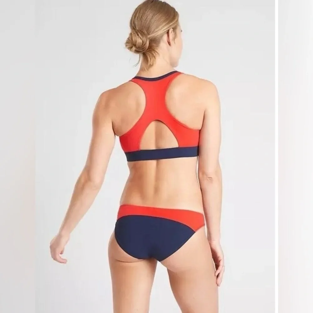 Athleta Colorblock Zip Front Bikini Set Navy Deep Orange Sz Small